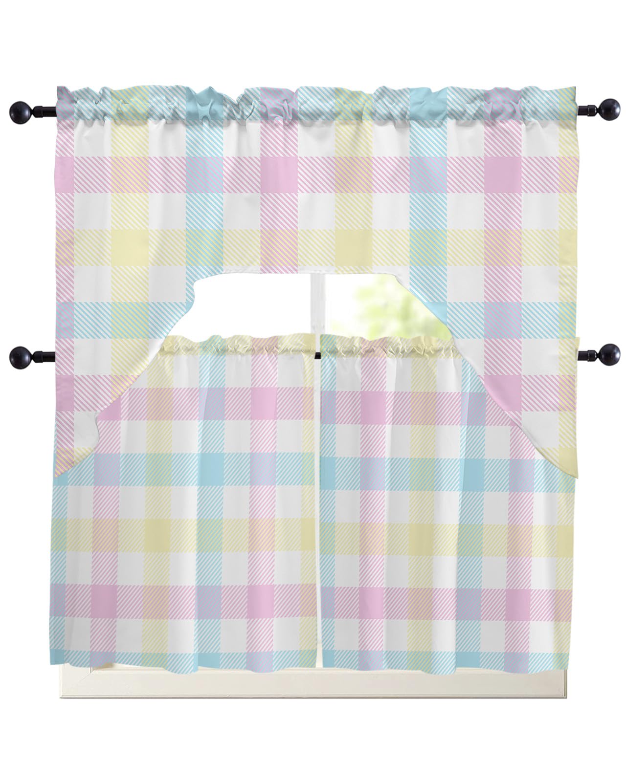 Colorful Swag Kitchen Curtain Sets with Valance,3 Pieces Rod Pocket Curtain Drapes for Bedroom Bathroom Cafe Windows,Abstract Modern Geometric Lattice Teal Pink Purple 56''x36''&36''x27.5''x2Panels