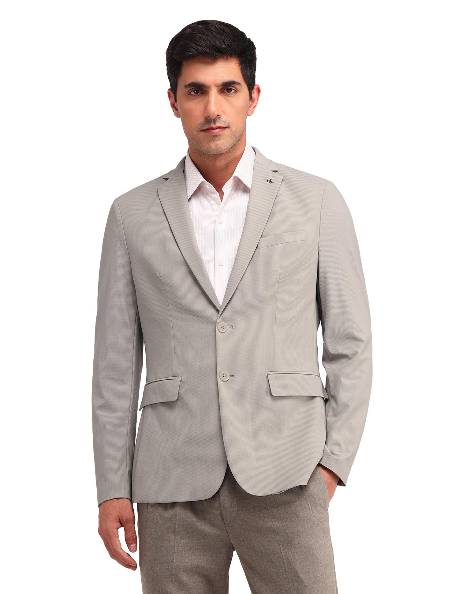 Men's Beige Textured Notch Collar Long Sleeve Formal Nylon Slim Fit Blazer