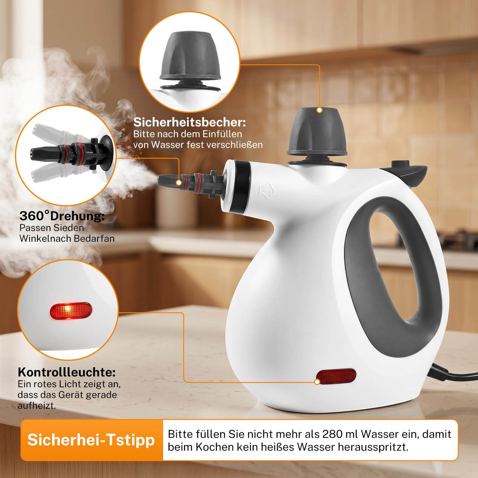 Dampfreiniger Handgerät mit 15 Zubehörteilen, Handdampfreiniger für das Haus Mehrzweck，1050W，350ml Tank Handdampfreiniger，Dampfreiniger für Alles Polstermöbel Auto Fenster Fliesen Teppich(Weiß)