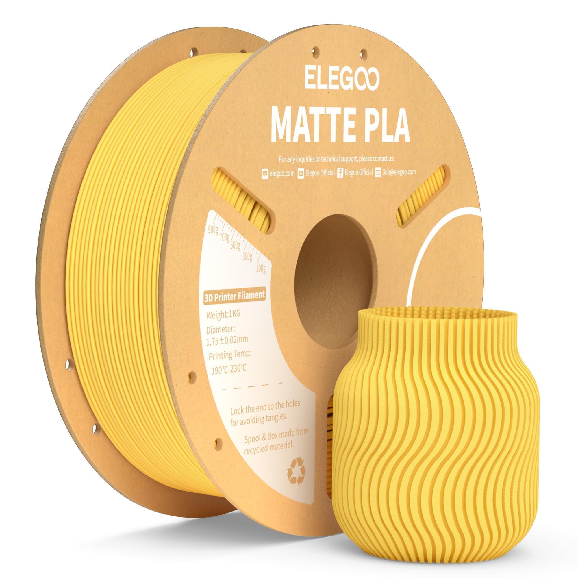 ELEGOO Matte PLA Filament Sunshine Yellow 1KG, 1.75mm 3D Printer Filament Dimensional Accuracy +/- 0.02mm, 1kg Carboard Spool (2.2lbs) for Most FDM 3D Printers
