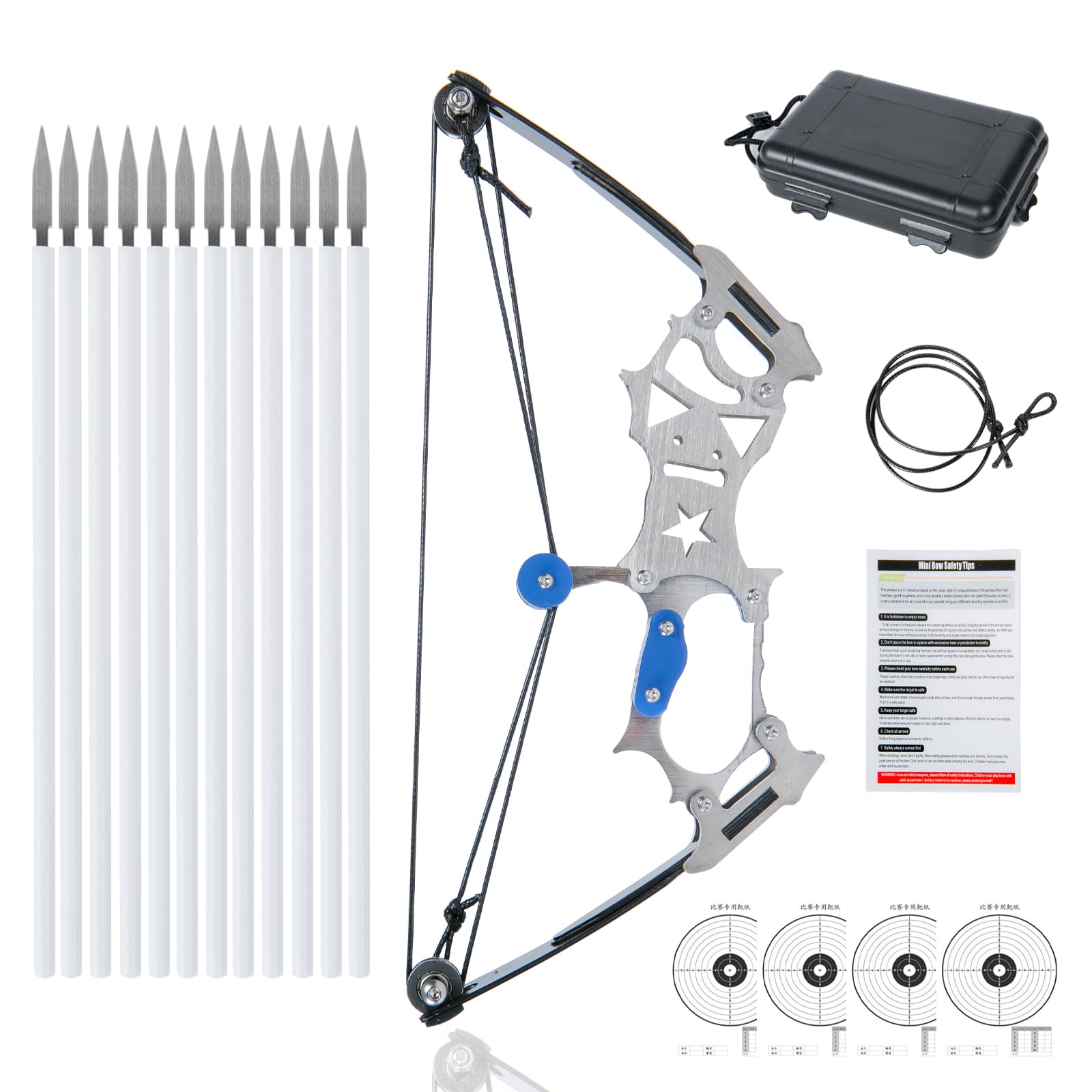 Uxezzt Mini Compound Bow and Arrow Set for Youth, Adult, Teenagers, Pocket Archery Bow for Target Shooting Games Gift with 2 Bowstring, 4 Target Paper and Bow Case (5.5" Bow)