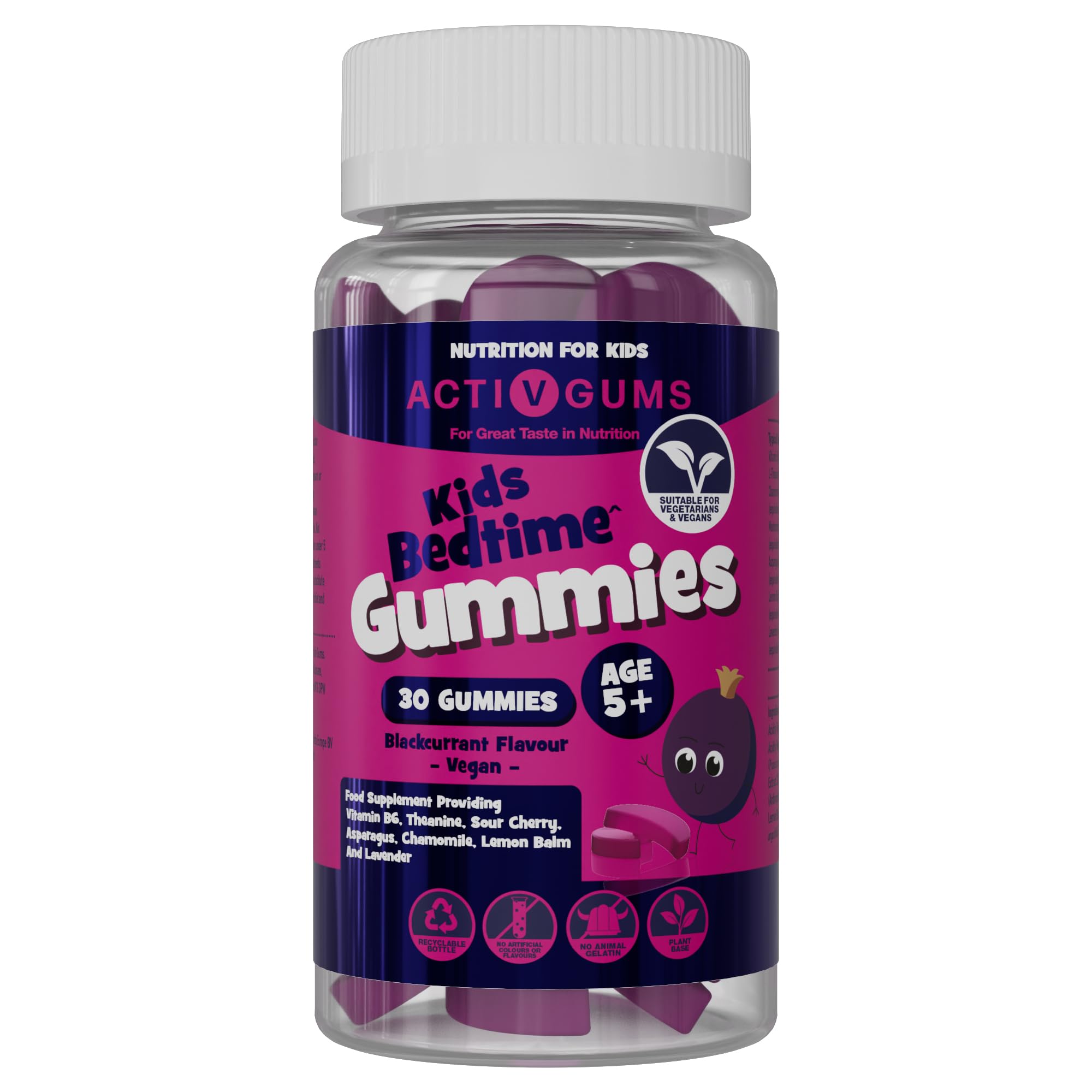 Kid's Bedtime 30 Vegan Gummies | Blackcurrant Flavour | Melatonin & 5HTP Free Contains Vitamin B6, Montmorency Cherry, Chamomile | Resealable & Recyclable Pouch | Suitable for Ages 5+ by ActivGums®