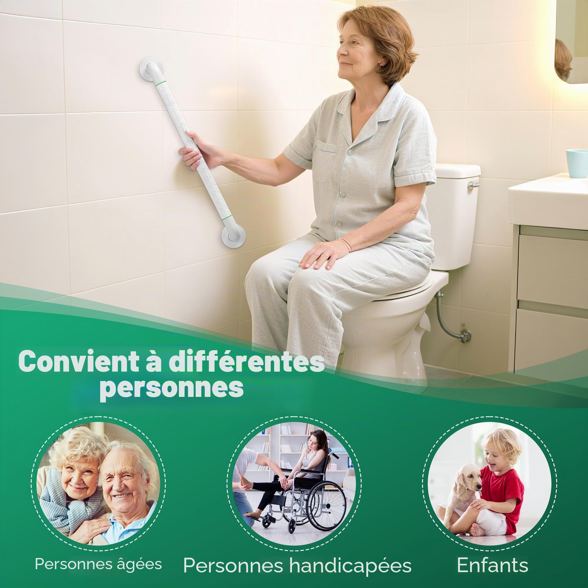 Fanwer 2 Pack Anti Bathroom Grab Rail,Rail de main de douche en acier inoxydable blanc,Support de rail de main de sécurité pour personnes âgées, enfants et handicapés (24 pouces)