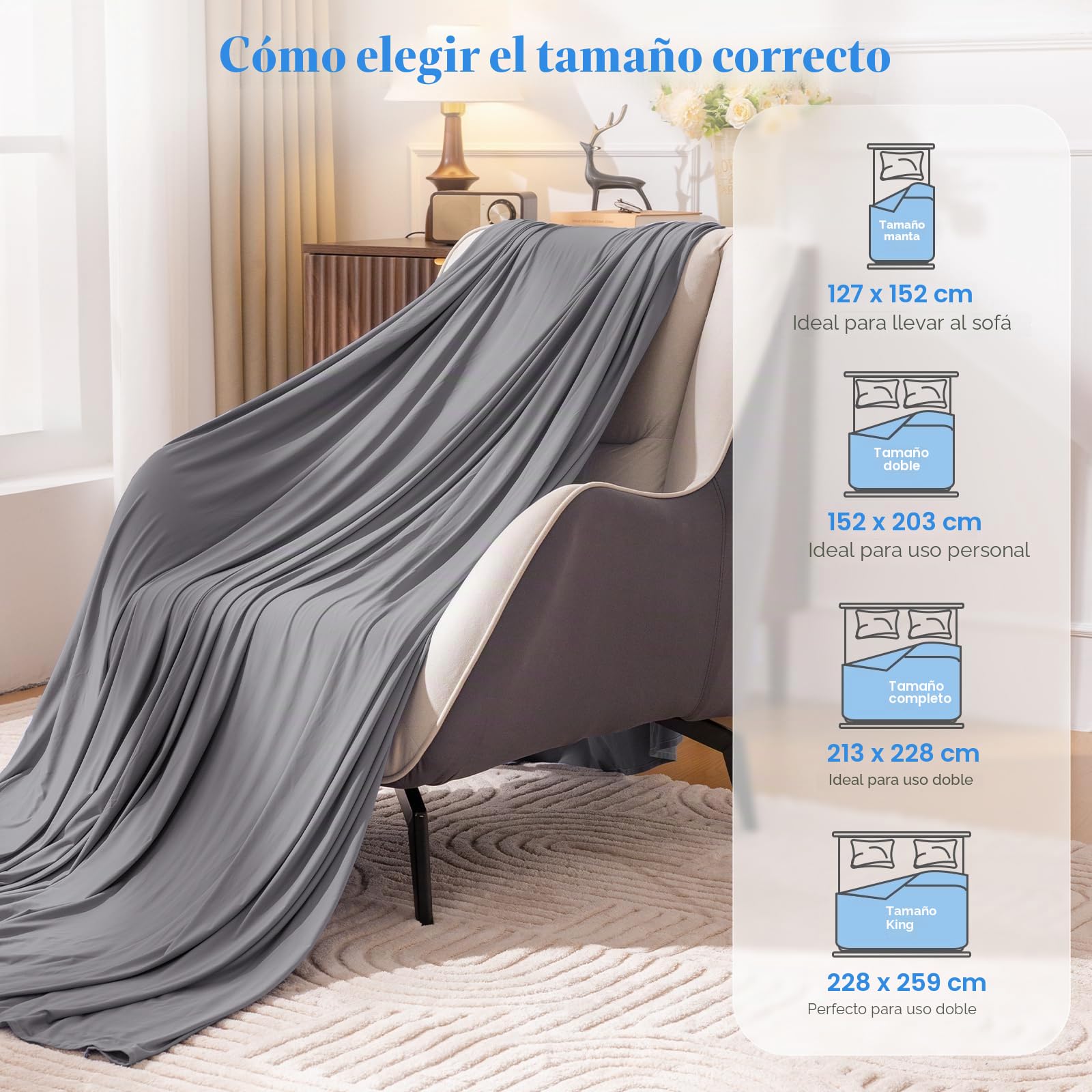 Enfriamiento de Verano, Manta refrescante para Sudores nocturnos, Japonesa Q-MAX> 0,45, Manta de Verano para Cama, sofá, Silla, Viajes, para Dormir Caliente, Texturizado-Gris, 127 x 152 cm