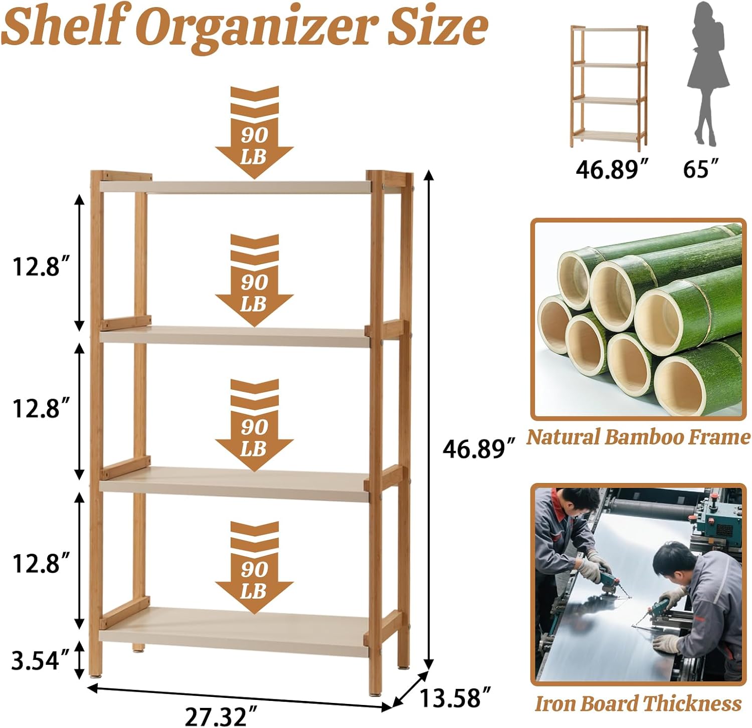 Open Shelf Bookcase - 4-Tier Floor Standing Display Bookshelf Multifunctional Display Stand for Home and Office White Shelf Bamboo