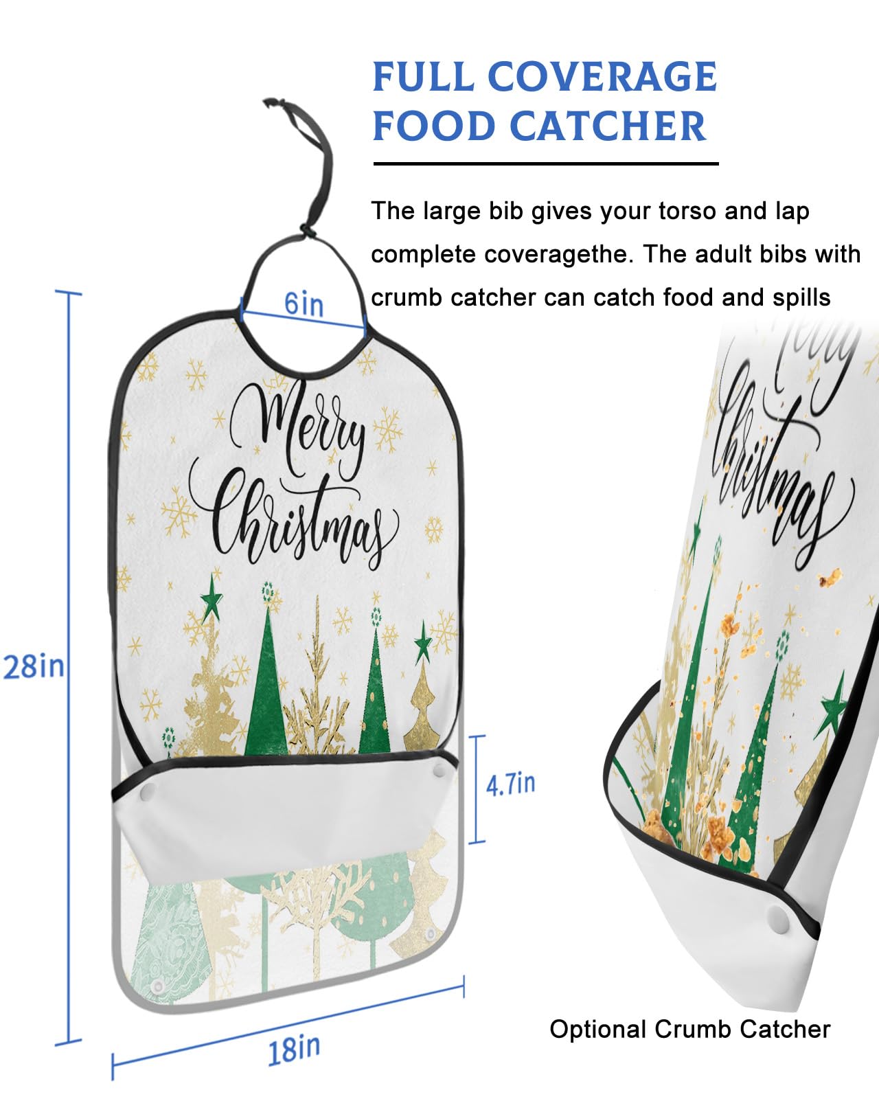 Kewadony Adult Bibs for Elderly Women - Green Yellow Christmas Tree Waterproof Dining Clothing Protectors with Crumb Catcher for Eating/Feeding, Xmas Winter Snowflake Terry Cloth Bib Machine Washable