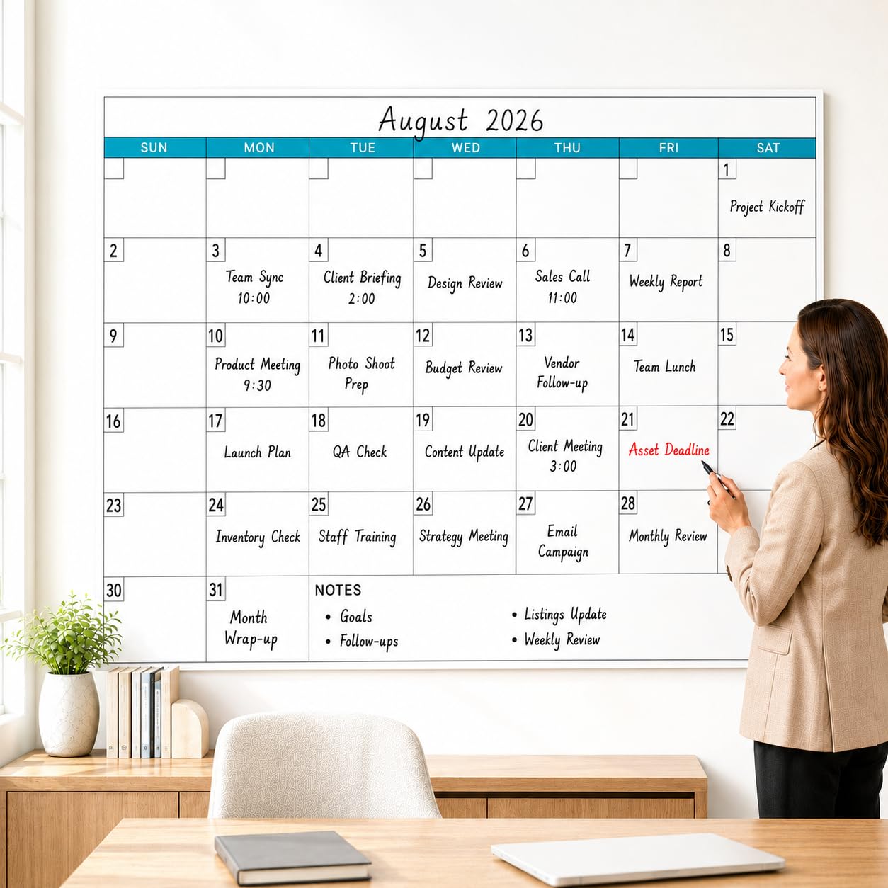 Calendario da parete cancellabile a secco, 96,5 x 147,3 cm, calendario giornaliero senza data, riutilizzabile, laminato per 30 giorni, per ufficio, classe, casa (senza pieghe)