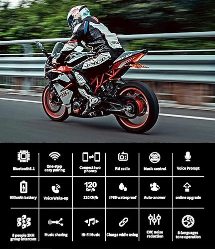 Miniatura 2 de Kit de intercomunicador Bluetooth para casco de motocicleta, casco de motocicleta con cancelación de ruido DSPCVC, intercomunicador de casco de 8