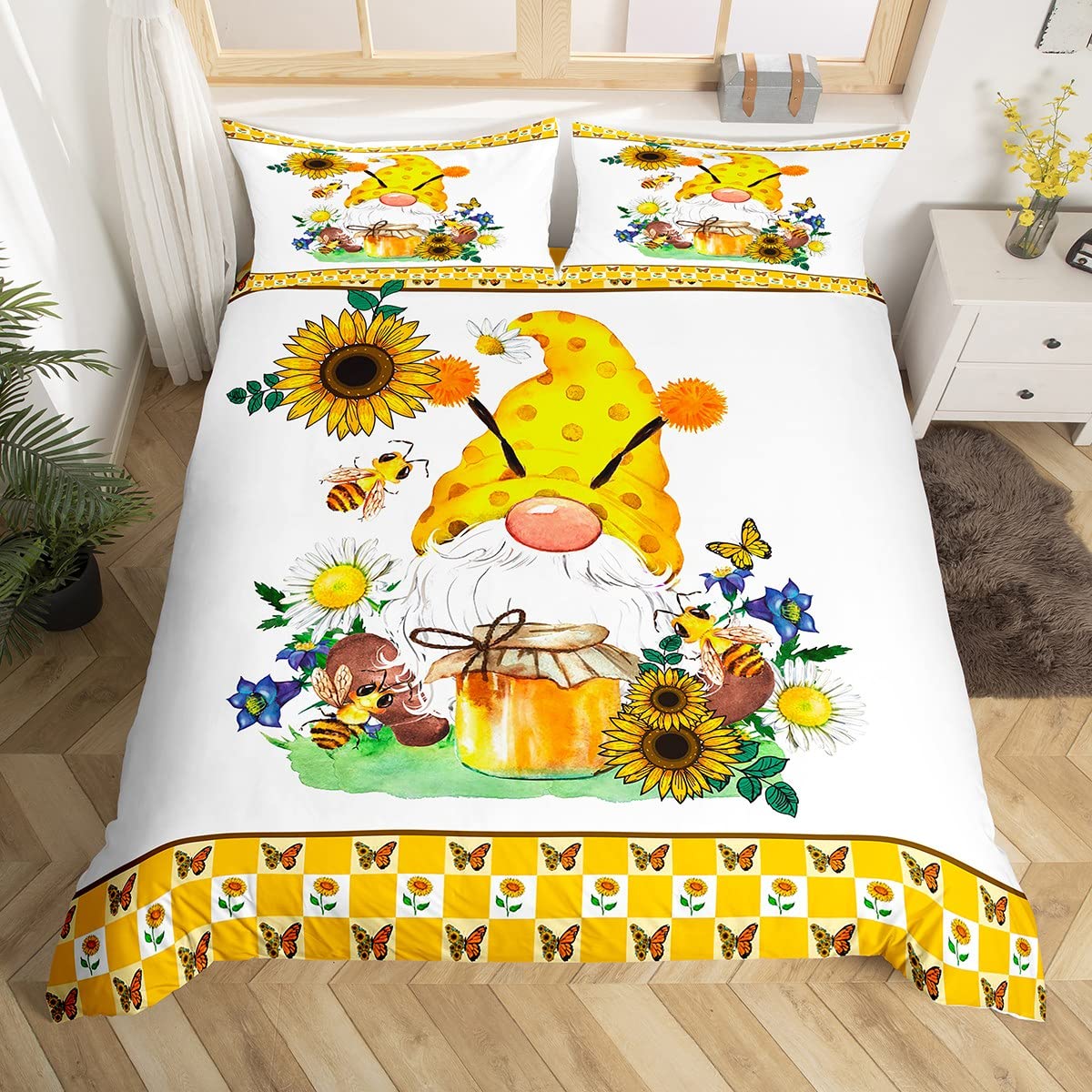 Sunflower Duvet Cover For Cabin Lodge Decor Rustic Gnome Bedding Set Cartoon Daisy Butterflies Comforter Cover Spring Checkered Honey Bee Plants Bed Cover With 2 Pillow Sham Bedroom Decor King