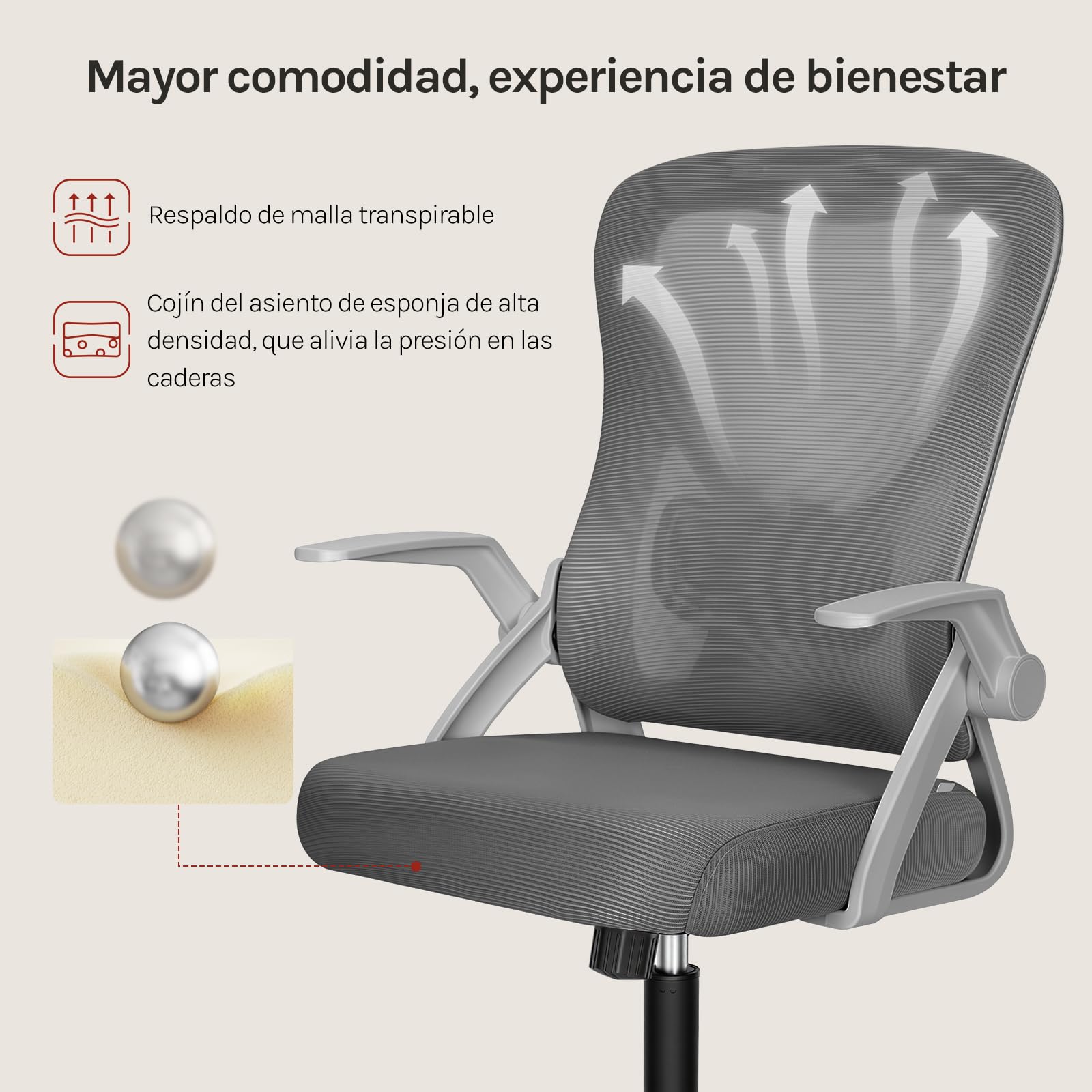 WOLTU Silla de Oficina Ergonómica, Silla de Escritorio, Gris | Soporte Lumbar y Ruedas, Función Oscilante y Giratoria de 360°, Altura y Reposabrazos Ajustable, para Estudio u Oficina