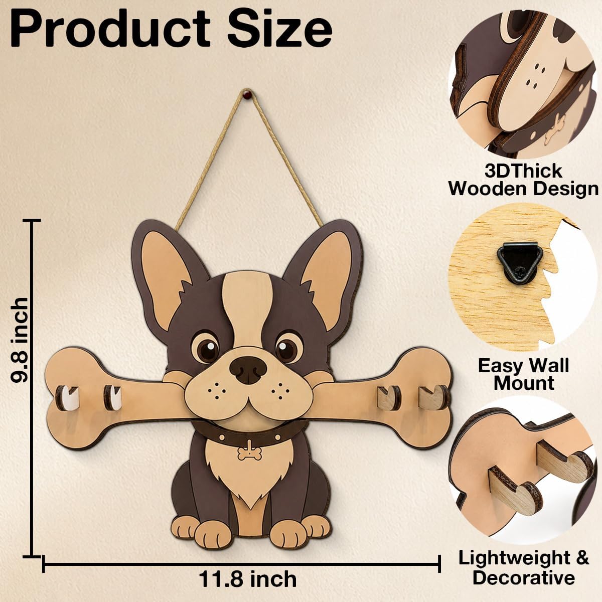 Dog Leash Holder for Wall, Cute Key Holder Wall Mount with 4 Keys Hooks, Dog Wooden Key Hooks for Collars, Entryway Garage Living Room Kitchen Mudroom