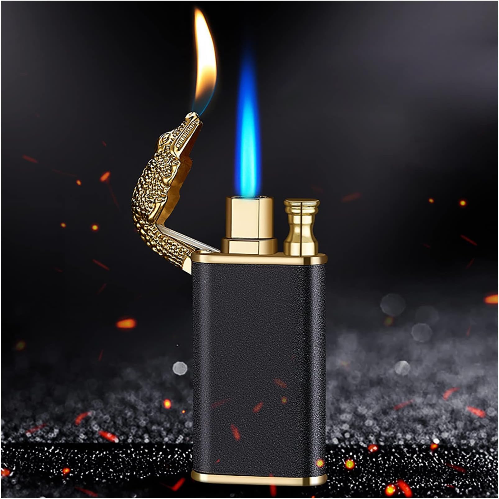 2022 New Crocodile Lighter, Double Fire Windproof Croc Lighter Torch, Cool Fancy Jet Flame Butane Lighters, Refillable for Fireworks (Crocodile, A- Black), Blue, 7.3x3.3x1.3cm