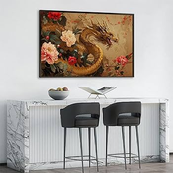 Amazon.co.jp: 絵画 黄金の龍が花を通り抜けるインテリア 絵画