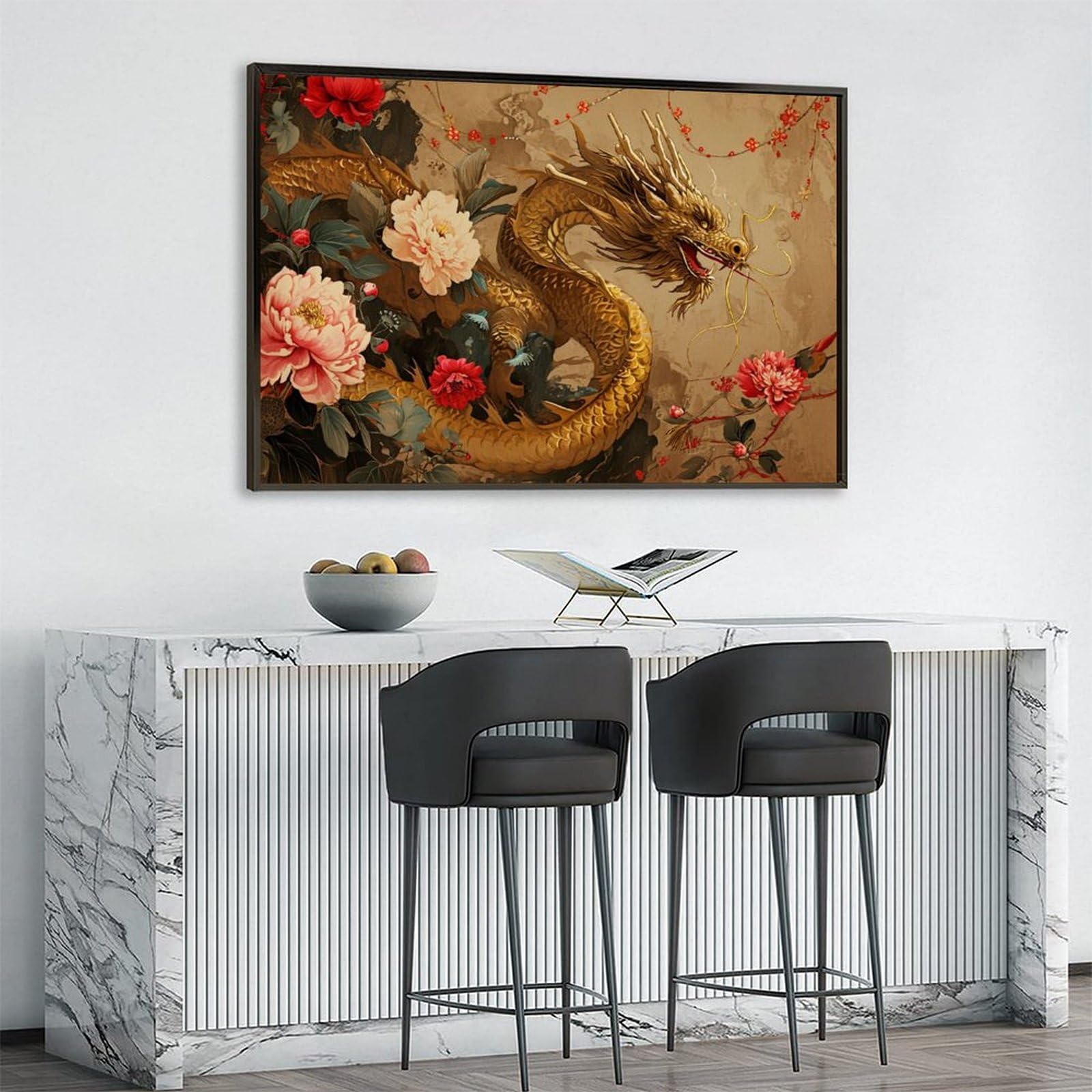 Amazon.co.jp: 絵画 黄金の龍が花を通り抜けるインテリア 絵画 奇妙な