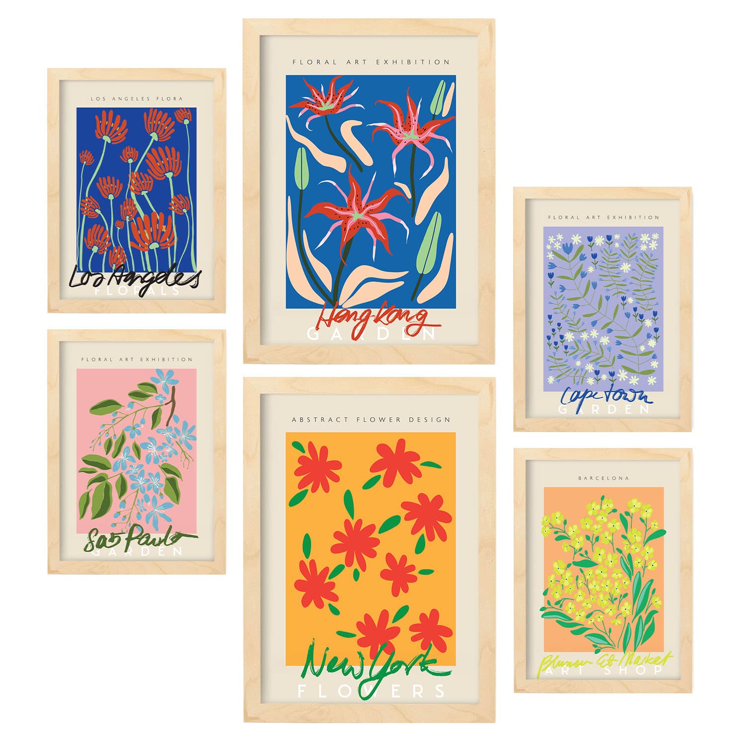 Nacnic Set of 6 posters Floral gallery. Collection of posters in collage aesthetic for interior decoration. Sizes A3 and A4. Light wood frames.