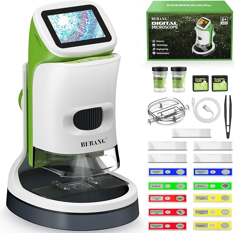 Kids Digital Microscope with Detachable Stand: STEM Science Kit Gift Toys | Rechargable | Bug Viewer | Slides Kit | Photo & Video | 4K Screen | Indoor & Outdoor Exploration for Boys Girls Ages 6-12