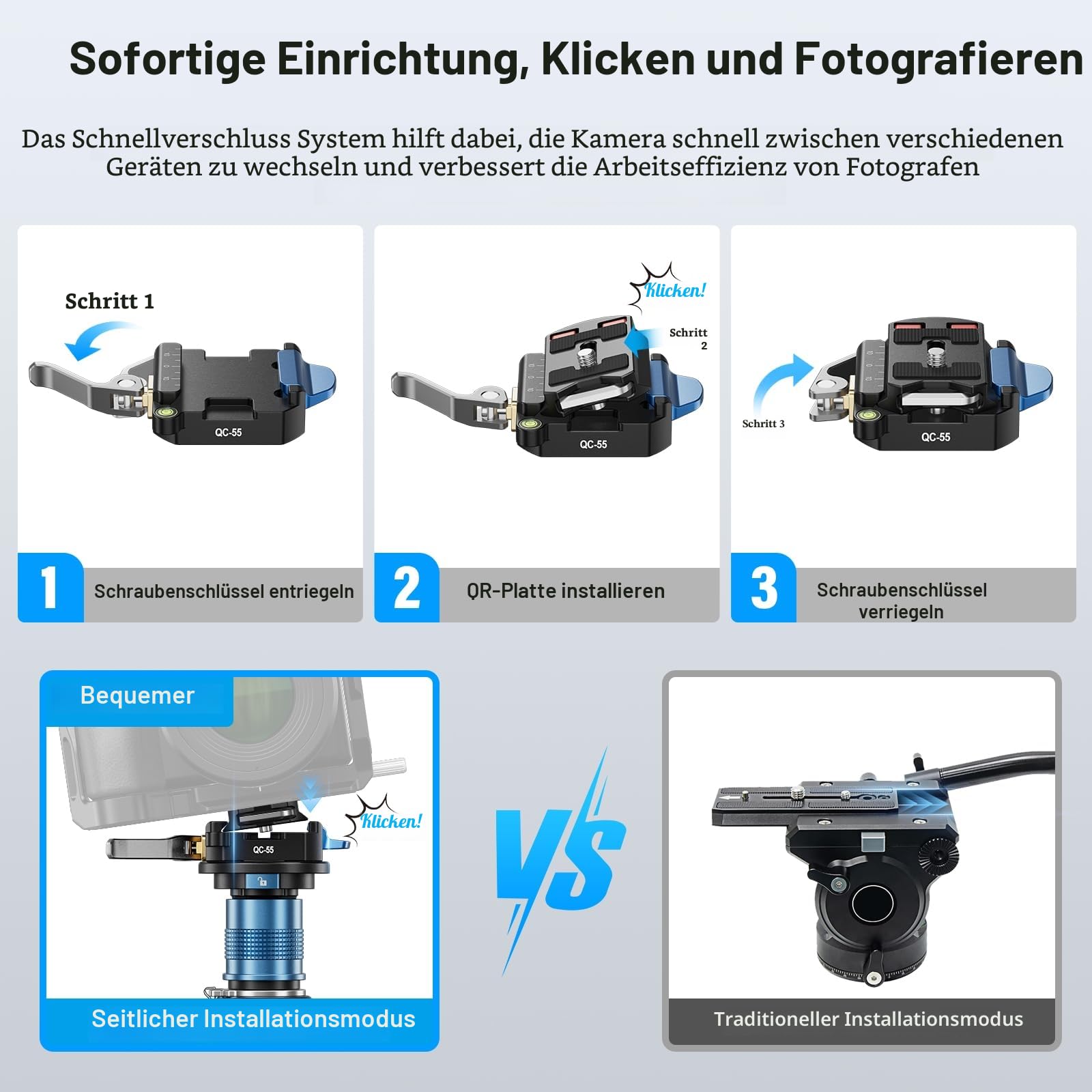 SIRUI 55mm Schnellwechselplatte für arca Swiss und Klemm-Basis-Set, Kamerahalterungsadapter mit 1/4 Zoll und 3/8 Zoll Gewinde für Stativ, Monopod, DSLR-Stabilisator, QC-55