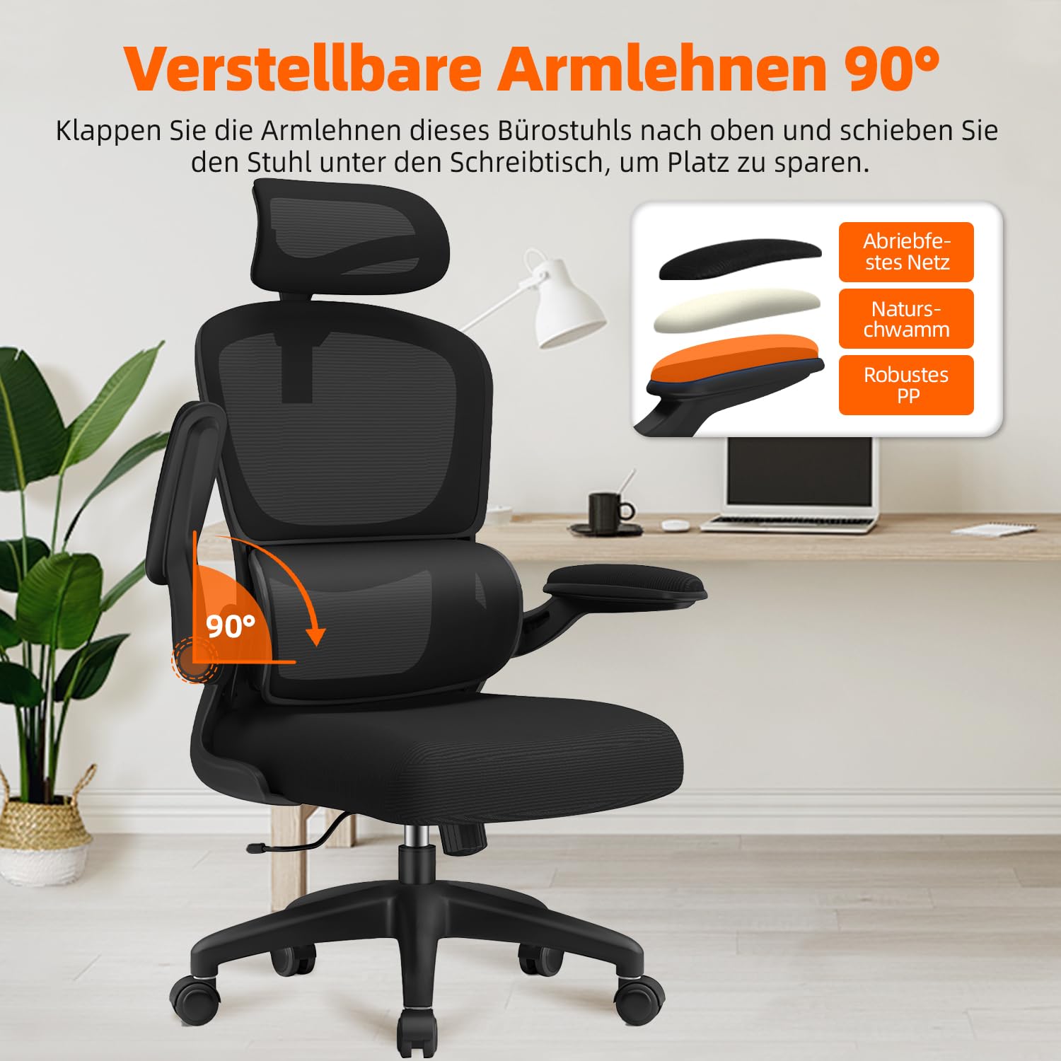 Bürostuhl, Bürostuhl Ergonomisch, Schreibtischstuhl mit Segmentierter Rückenlehne, Adaptiver Lendenstütze und 90°klappbaren Armlehnen, Schreibtischsessel Neigbar bis 135°, Office Chair