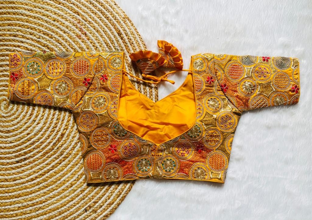 Vihu Fashion Women's Blouse Readymade Blouse Embroidery Multi Coding Gold Thread Blouses Handwork Yellow Color Readymade Saree Blouse For Women For Saree And Lehenga Choli (Vf2420 Yellow 36)