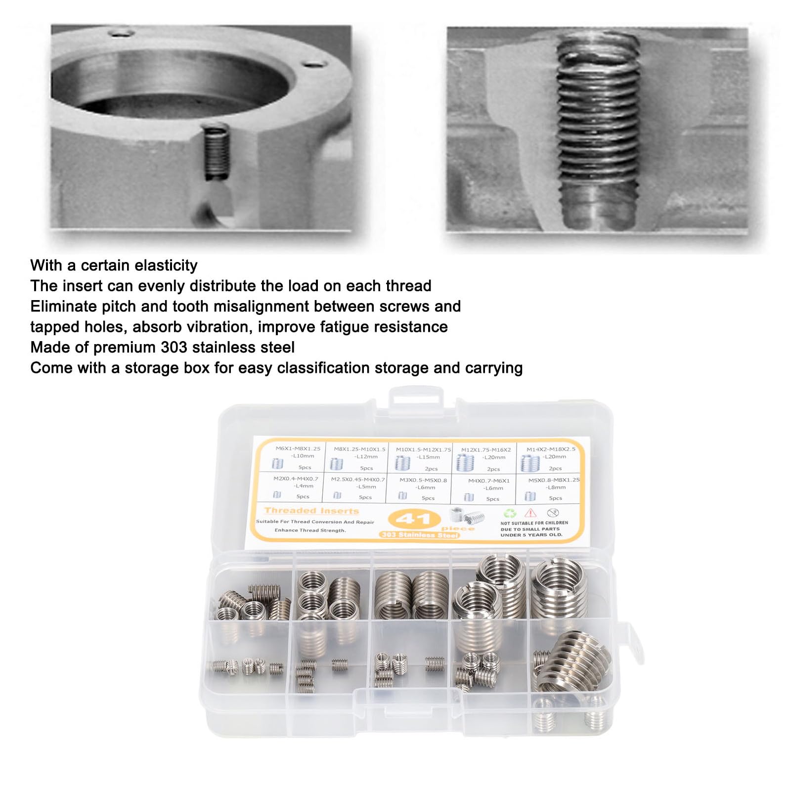 Assortimento di dadi riduttori per filettatura 41 pezzi Kit assortimento di inserti per riparazione filettatura Acciaio inossidabile M2 M2.5 M3 M4 M5 M6 M8 M10 M12 M14 Inserto per riparazione filettat