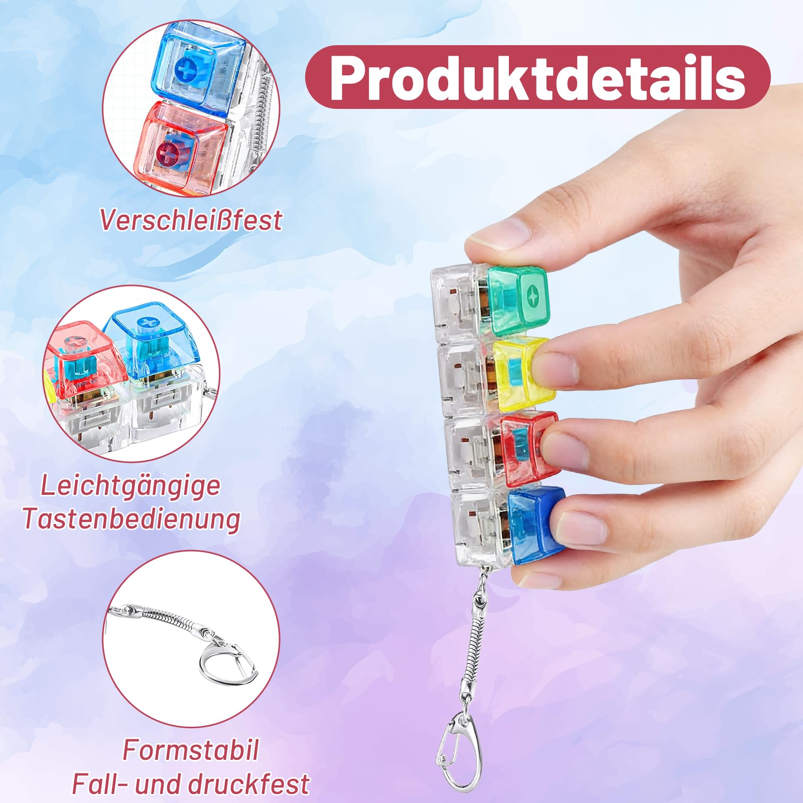 4 sztuki klawiatura Fidget Toy, półprzezroczysta mechaniczna zabawka, breloczek do kluczy, antystresowy, dla dorosłych, do biura, na podróż, na co dzień