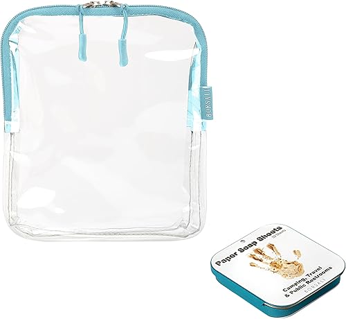 BORSALI Bolsa de aseo transparente aprobada por la TSA para líquidos 3-1-1 y otros artículos + hojas de jabón de papel para viajes, viene en 1