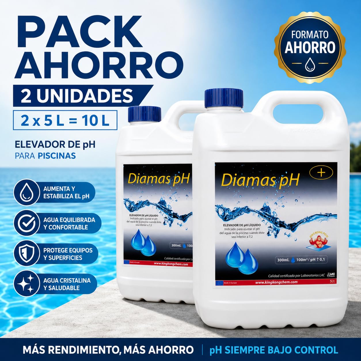 Pack 2 UDS Incrementador de pH para Piscinas DIAMAS PH 10 litros (2x5 litros) - Eleva el pH del Agua – Formato Líquido