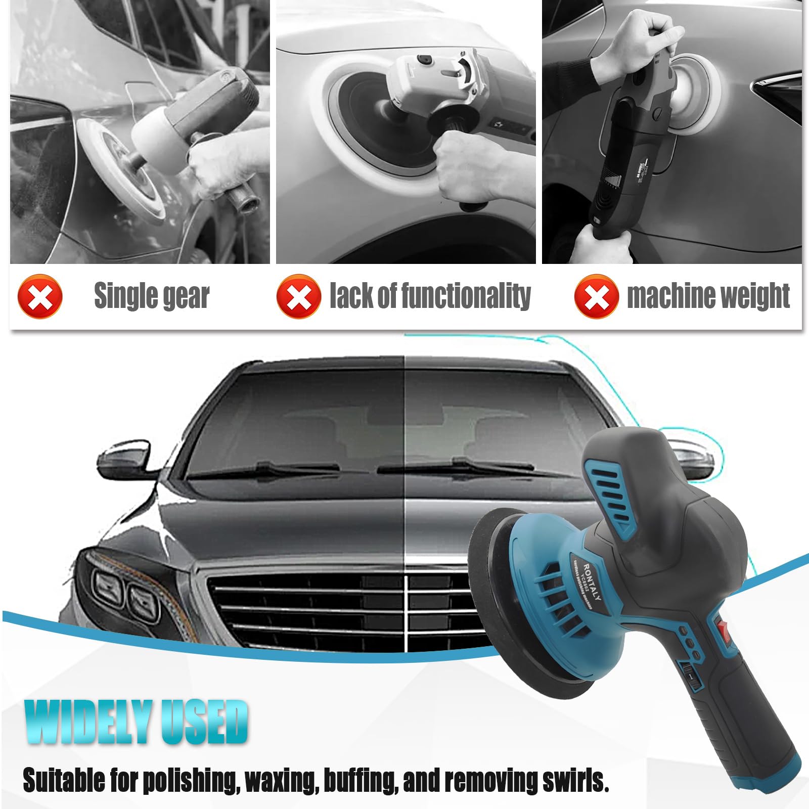 Batería pulidora excéntrica, juego de 2 baterías de 3,0 Ah y cargador, 6 marchas, 2500-6000 rpm, 16 accesorios, indicador de batería LED, para abrillantador de pintura, encerado, eliminación de
