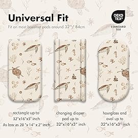 Gllquen Baby Bassinet Sheets Set 2-Pack, Breathable Cozy Bassinet Fitted Sheet Universal Fit Standard Mattress Oval Rectangle Cradle Baby Sheets for Baby Boy Girls Unisex 32x16 (Sea Turtle)