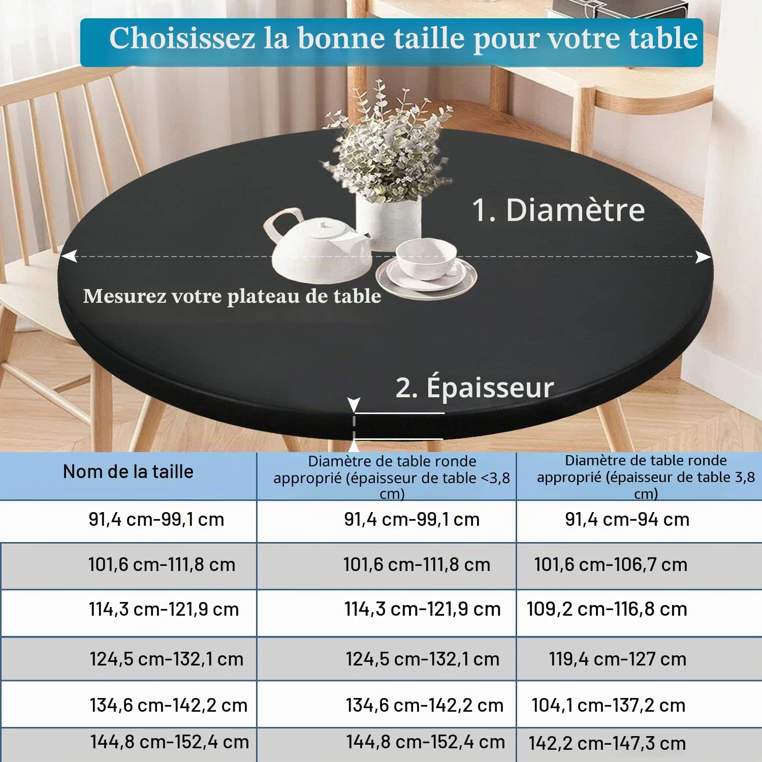 Double Face fit Design PU Round fit Nappe, Ripstop lingette de Table Ronde élastique, Soft Touch, Nappe imperméable à l'eau et à l'huile (Noir, Ronde 135-142cm)
