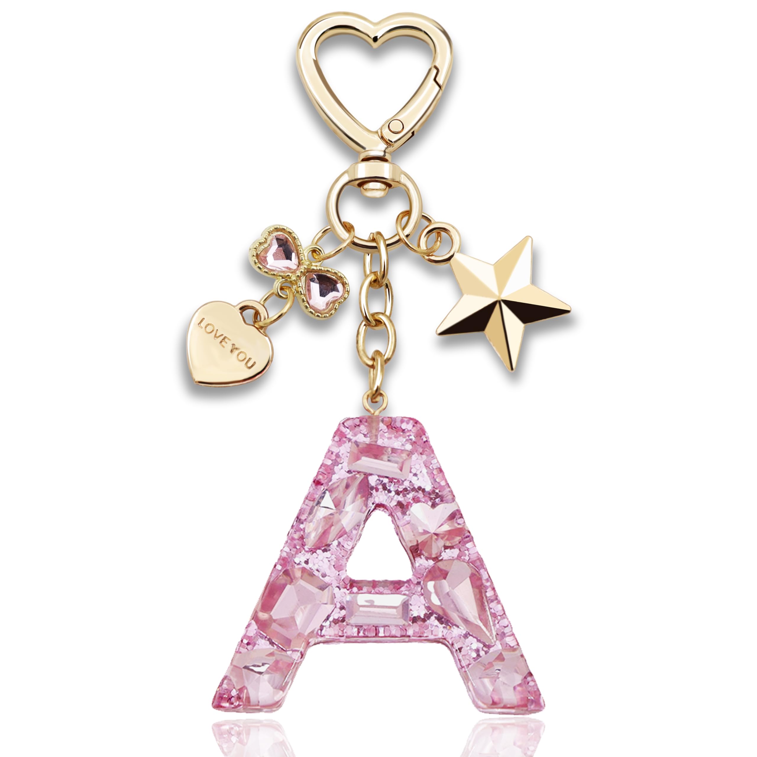 Glitter Initial Letter Keychain Gift for Women Cute Pink Resin Keychains for Bag