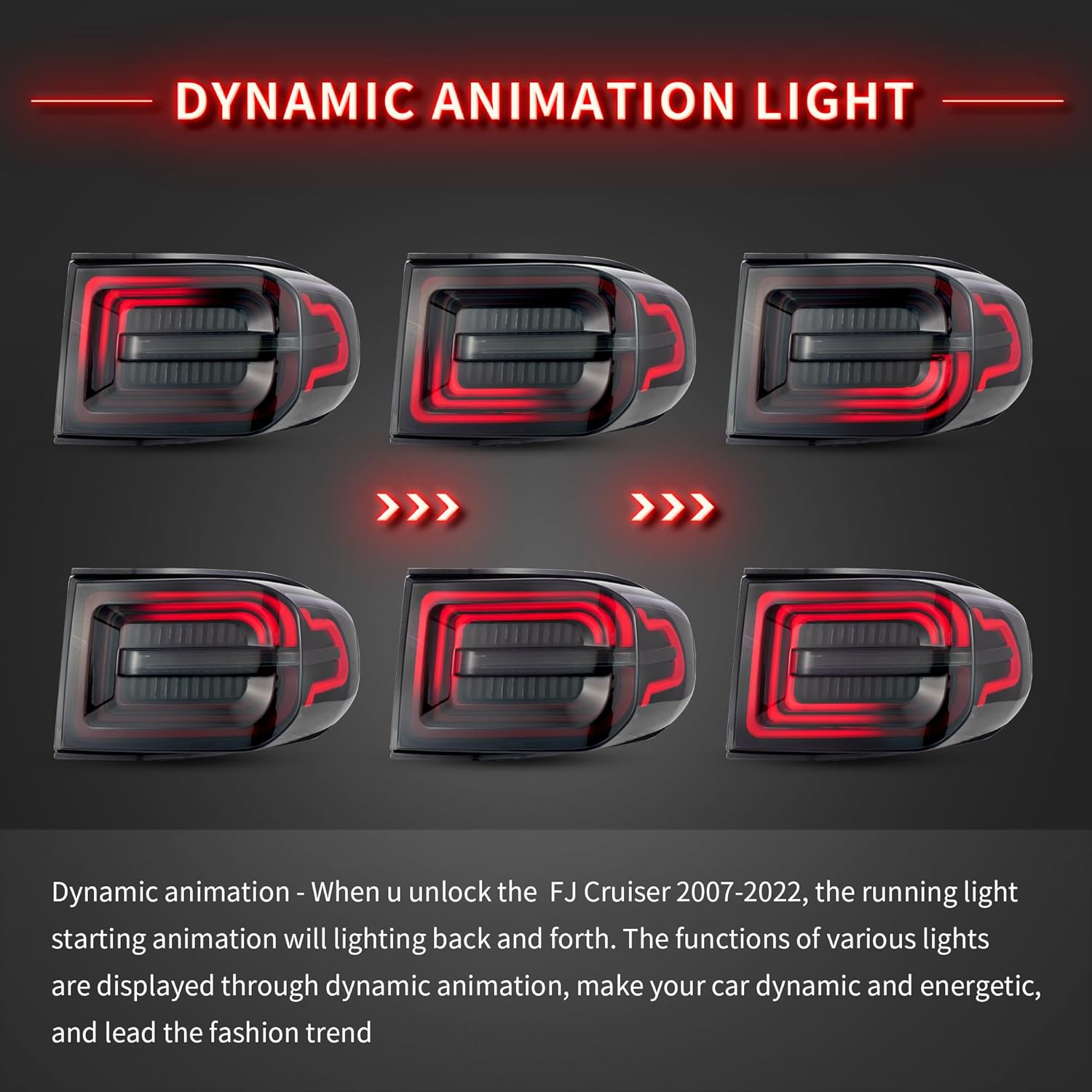VLAND Tail Lights For FJ Cruiser 2007-2022, With Startup Animation and Sequential Turn Signal Rear Lamps Assembly, Smoked and Red lens