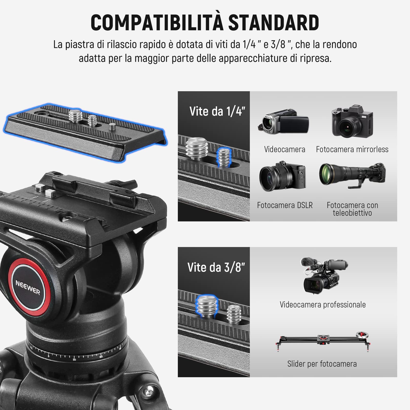 NEEWER Treppiede video da 74" con testa a fluido e controllo dell'attenuazione, in alluminio resistente, professionale, con piastra QR per videocamere DSLR, panno per la pulizia, carico massimo 17,6