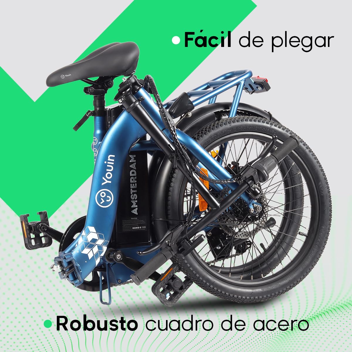 Youin Amsterdam Bicicleta Eléctrica Plegable 20" | Motor Trasero 250W 40Nm, Batería Extraíble 281Wh, Hasta 45 km de Autonomía, 7 Velocidades, Frenos de Disco
