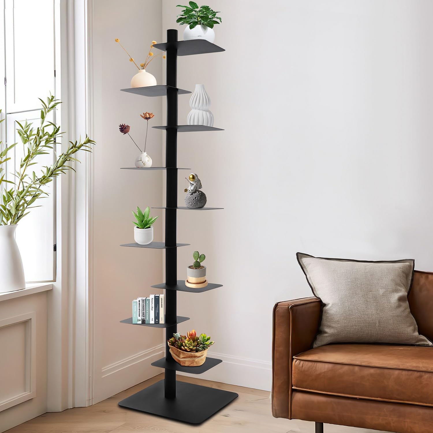 9-Tier Metal Spine Bookshelf, 360°Rotating Vertical Spine Book Tower Freestanding Corner Bookshelf Space-Saving Book Organizer Shelf Minimalist Book