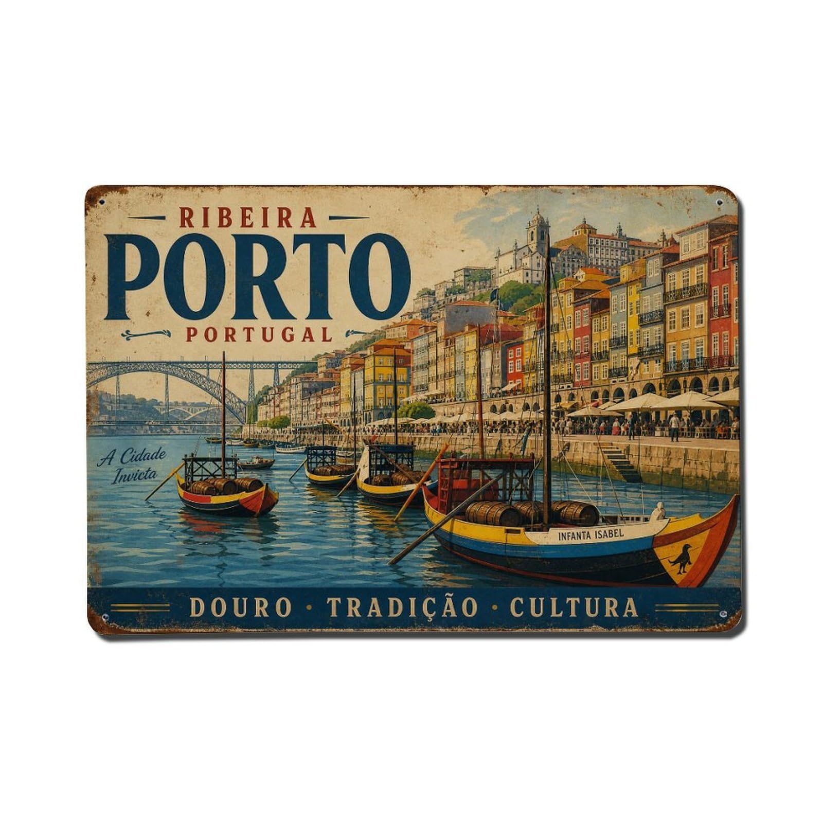 Vintage Travel Ribeira Boats Colorful Traditional Portugal Metal Tin Sign Wall Decor for Cafe, Club, Garden Metal Poster 8x12Inch