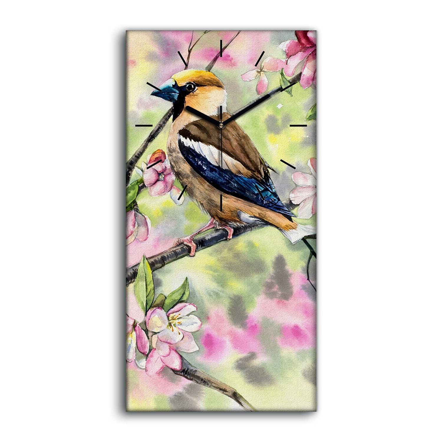 Horloge sur toile 30x60cm fleurs abstraites et oiseaux silencieuse