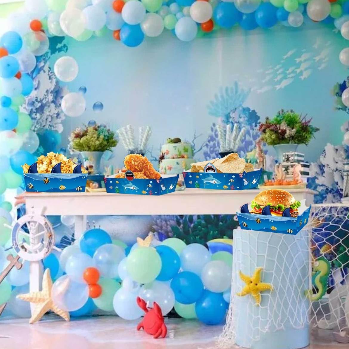 Zliisang 24 Pcs Shark Party Supplies Paper Food Trays Under The Sea Ocean Animals Theme Disposable Serving Tray Nacho Trays Food Boats for Shark Birthday Party Decorations