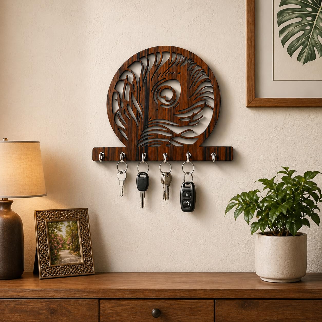 Wooden Mor Pankh Key Holder for Wall with 6 Hooks | Peacock Feather Design Key Rack | Decorative Wall Mount Key Organizer for Home, Entryway, Living Room (20 x 17 cm)-image-29