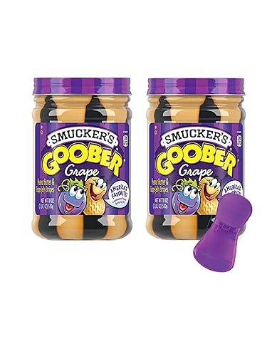 Smucker's Grape Goober Bundle, dos (2) mantequilla de maní Goober de 18 onzas y rayas de gelatina de uva y un (1) clip para bolsa