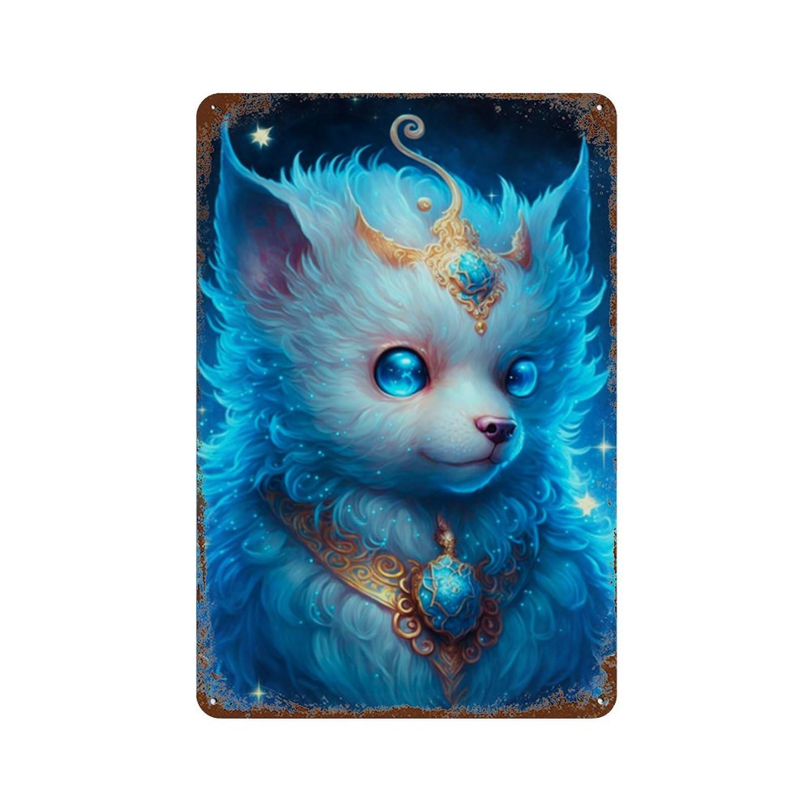 Blue Fantasy Fox Necklace Aged Metal Wall Plaque 11.8"x7.9", for Office, Studio And Wall Decor, Novelty Wall Decor