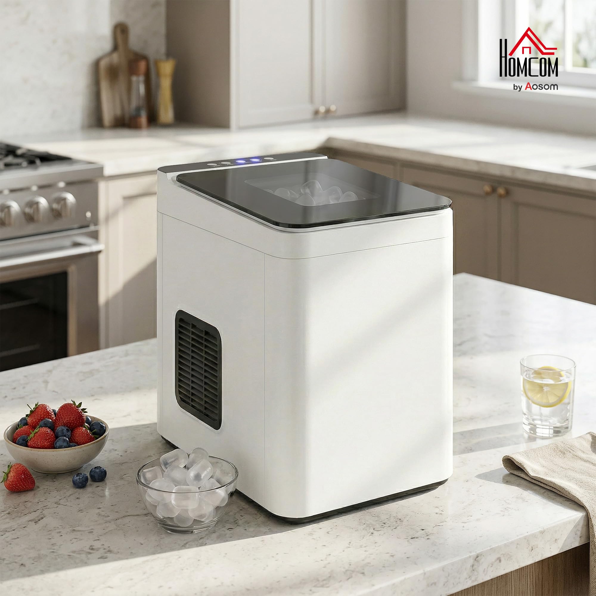 HOMCOM Eiswürfelmaschine Klein, 12 kg 24 Std., 9 Eiswürfel in 7-10 Minuten, 2 Größen von Bullet-Eiswürfeln, Ice Maker Selbstreinigend Eiswürfelbereiter mit Eisschaufel und Korb, für Küche, Büro, Party