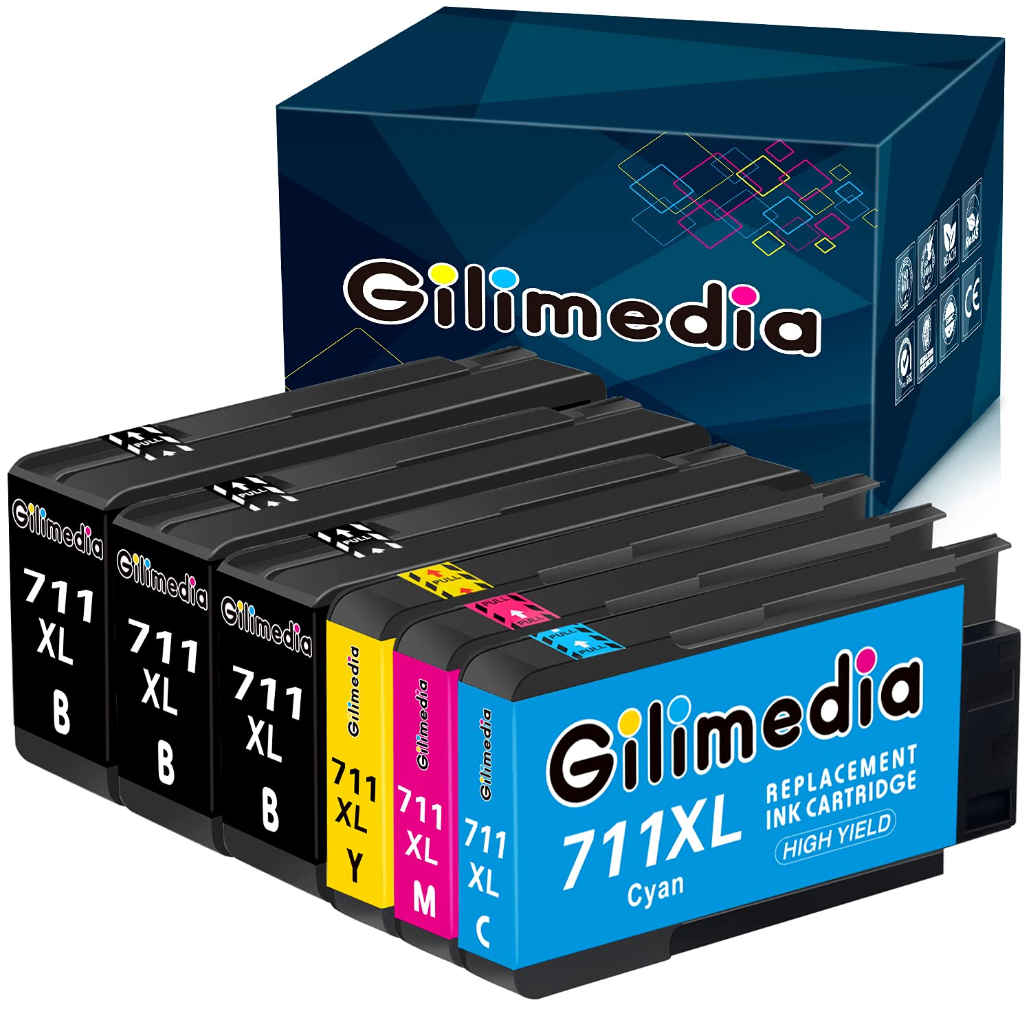 Compatible 711 Ink Cartridges Replacement for HP 711XL Ink Work for HP Designjet T120 T520 24-in 36-in Printer(3 Black, 1 Cyan, 1 Magenta, 1 Yellow, 6-Pack)