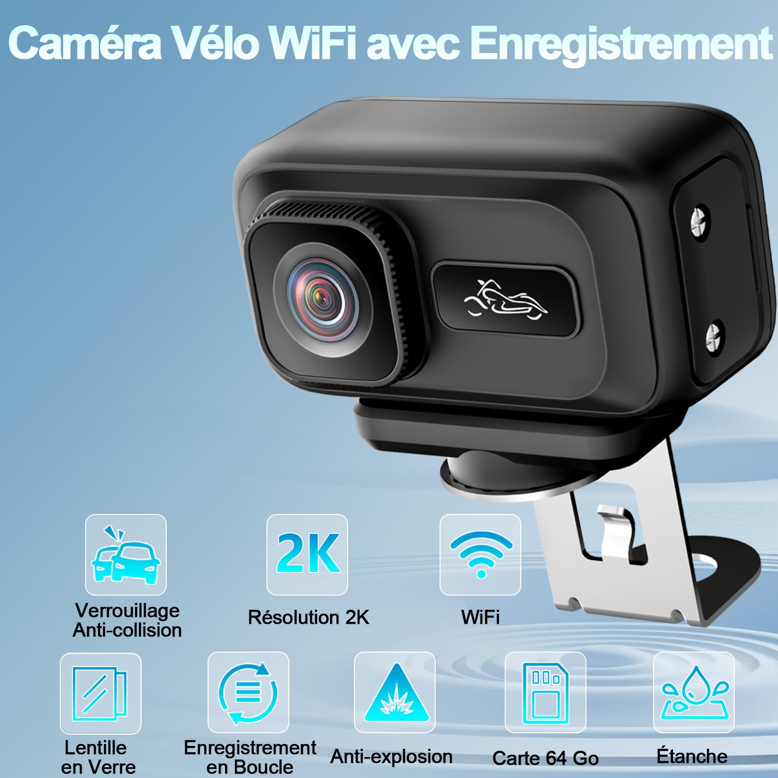 Camera Moto, WiFi 2K & Grand Angle 120° Camera Sport, Verrouillage en Cas de Collision avec Capteur G Action Cam, Norme IP65 pour Motos, Sports de Plein Air