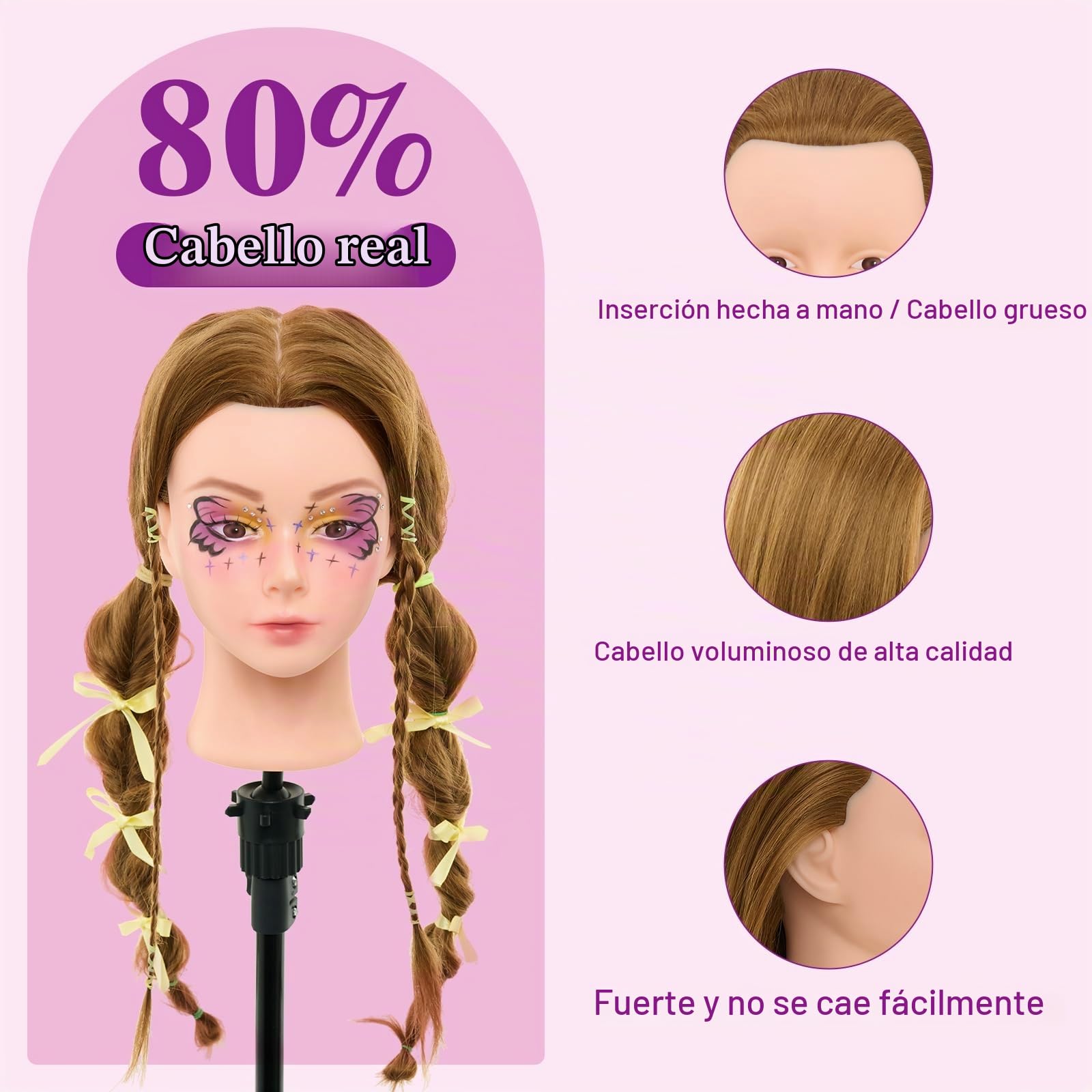 Neverland Cabeza Maniqui de Peluqueria 71cm - Cabeza Muñeca para Peinar y Maquillar Con 60% de Pelo Natural, Accesorios de Peinado, Pestañas y Soporte de Mesa (Rubio)