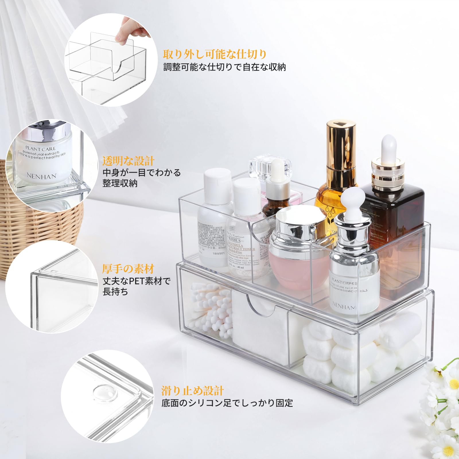 PAVSTINE バスルームミラーキャビネット用 収納ボックス 整理収納 2段・斜め挿しタイプ (クリア)