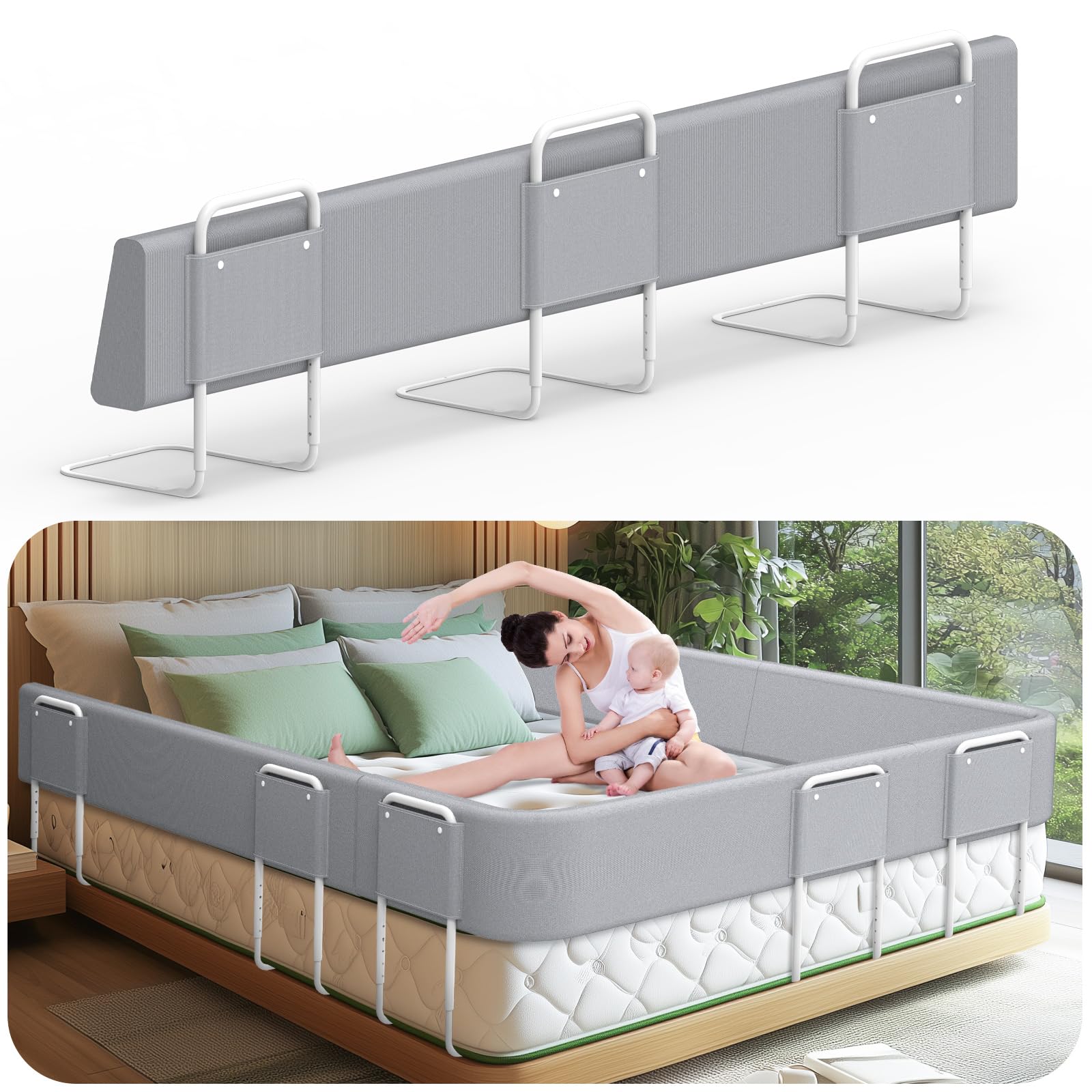 Barrera de Seguridad para niños – Barrera de Cama para niños con protección de Bordes, Seguridad para Cama Infantil, Altura Ajustable 40-60 cm, Desmontable, portátil, Gris, 180cm