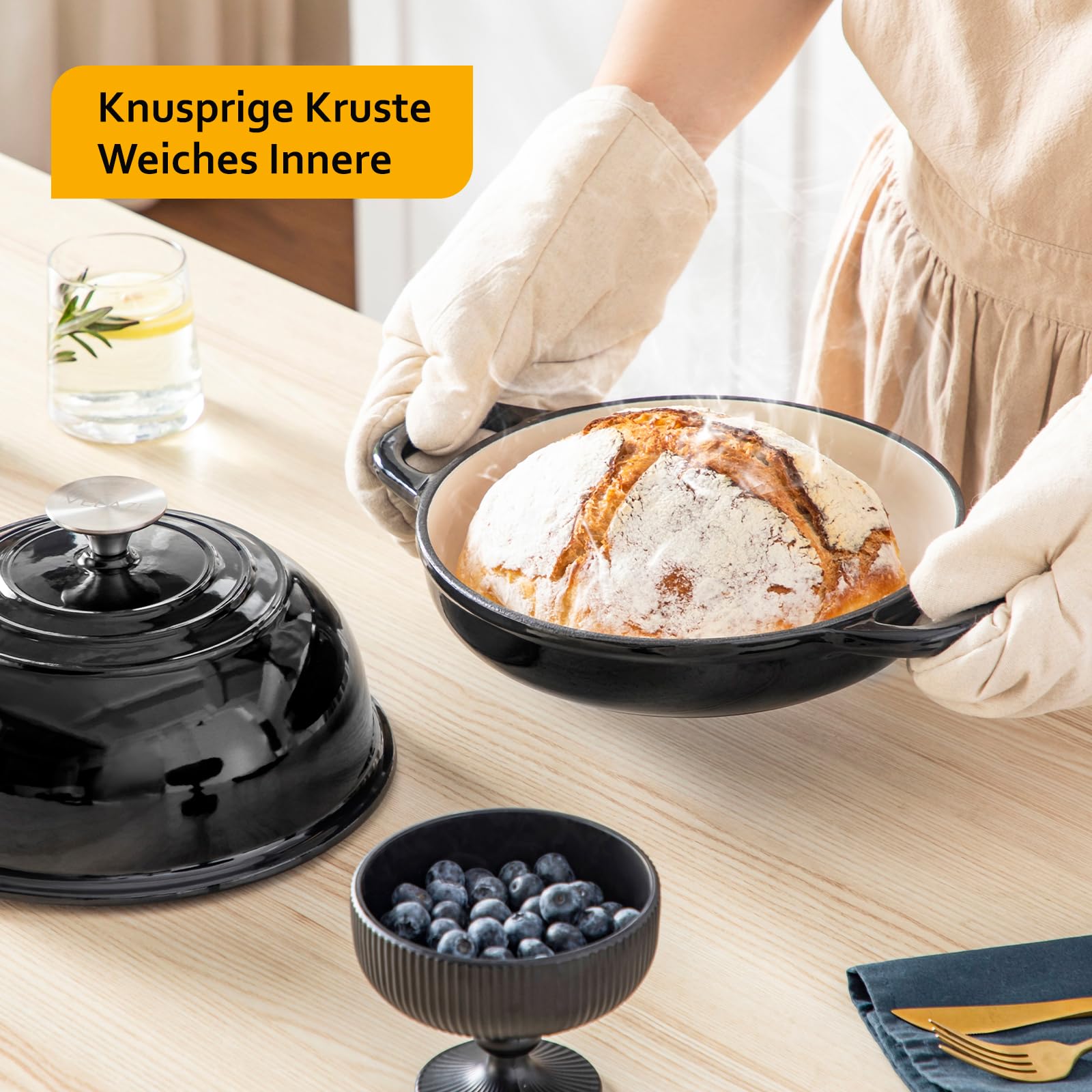 Velaze Gusseisen Topf Brot Backen, 4,8L Emaille Schmortopf mit Deckel und Griffen, 26 cm Brotbacktopf, Bräter Gusseisen, Dutch Oven für Küche Backen Schmoren & Braten (Schwarz)