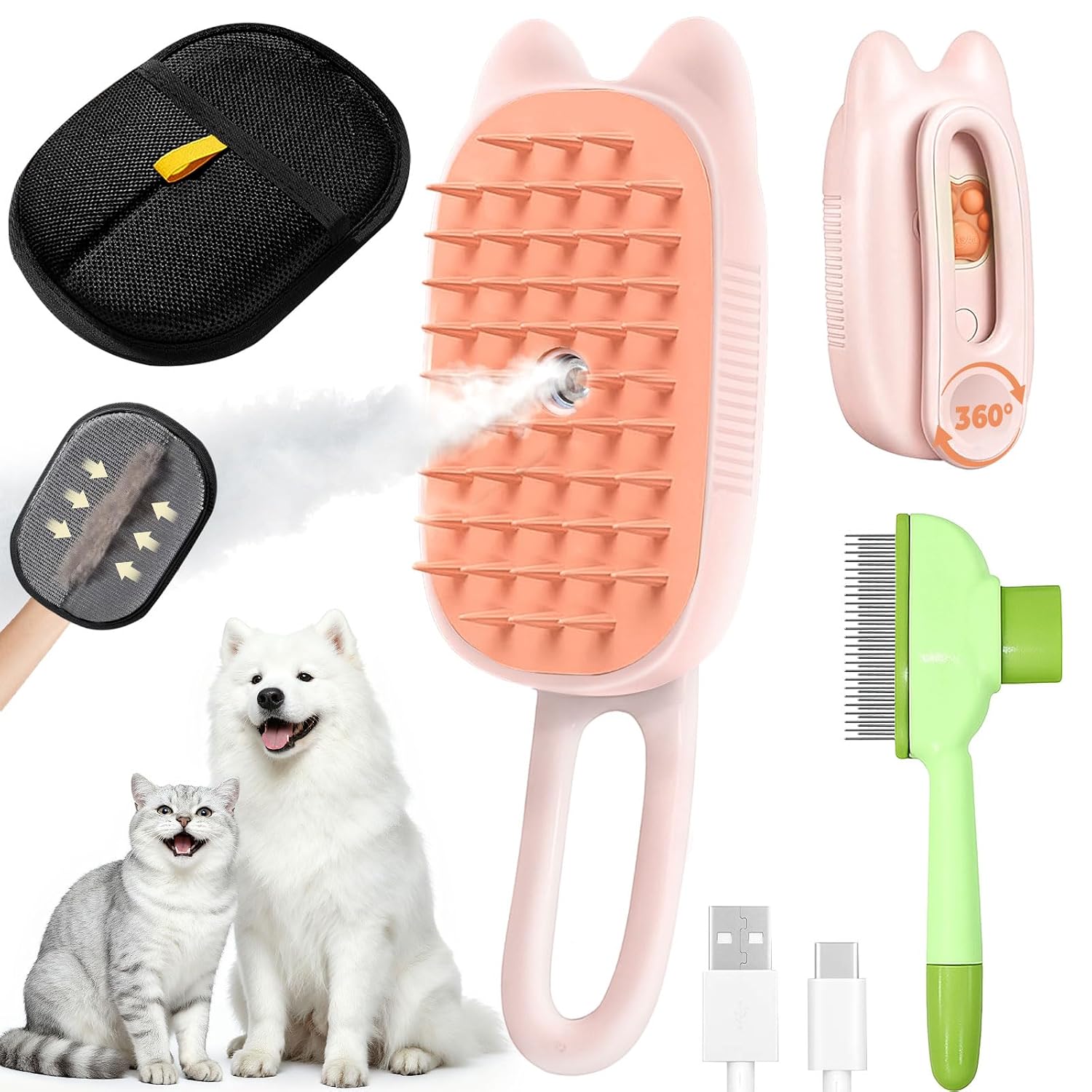 Cat Steam Brush for Shedding, 4 in 1 Rechargeable Steam Brush for Cats and Dogs, Anti-Static, Massage, flea comb for cats& Pet Removal Hair Glove,Shedding & Combing All In One!(Pink)