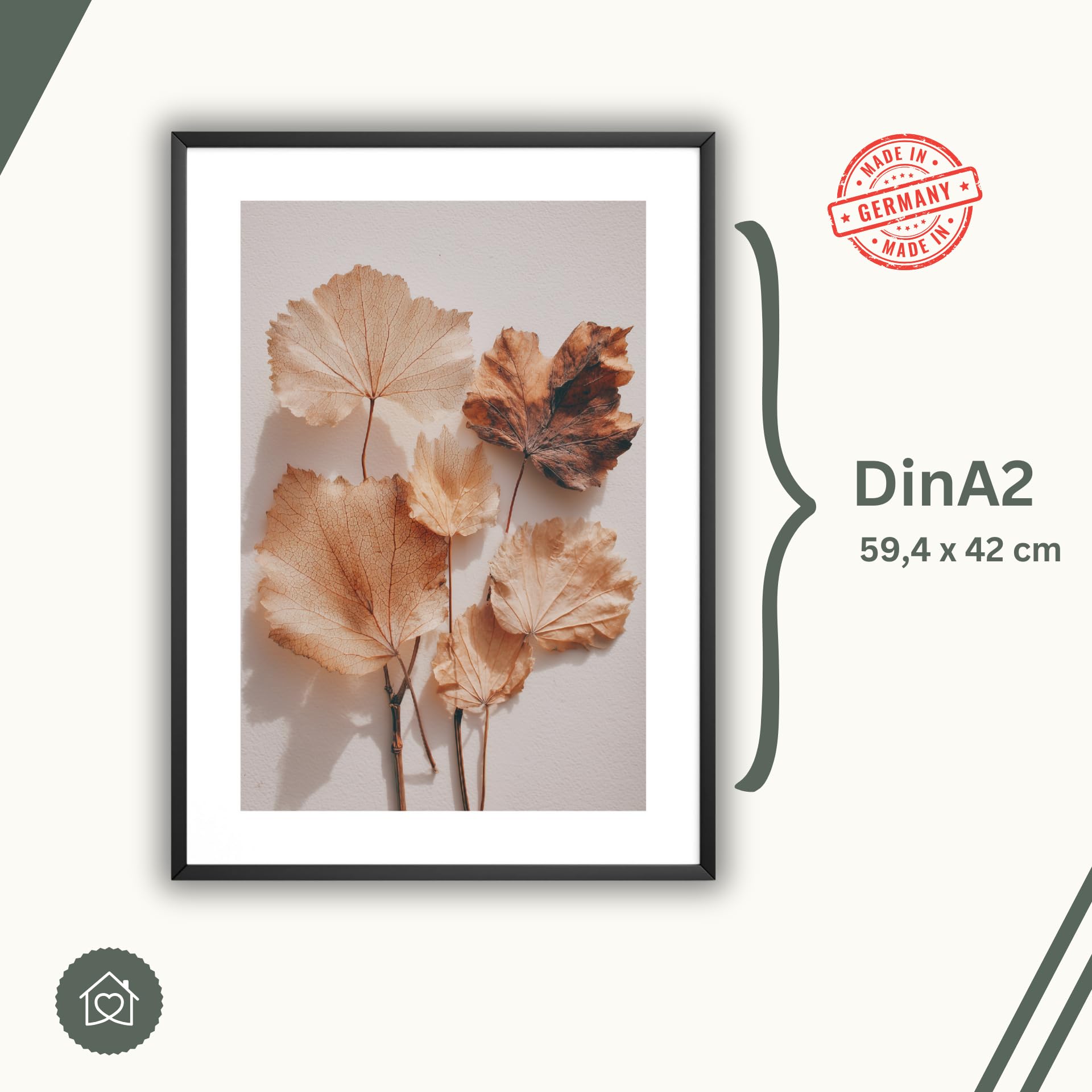 MJ-GRAPHICS® Herbstblätter Poster Wandbild Natur Fine Art Boho Skandi Stil Deko für Flur oder Wohnzimmer – A2 Poster mit Rahmen Holz Natur